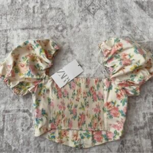 Zara Floral Corset Puff Sleeve Crop Blouse Size Medium - Picture 3 of 5